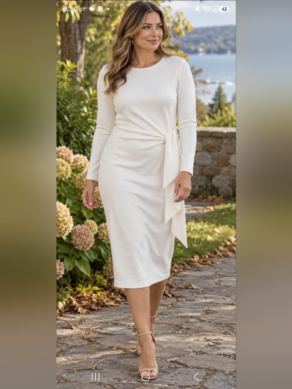 Nordstrom Off White Midi Dress Tie Waist Long Sleeve Size Small Sleek